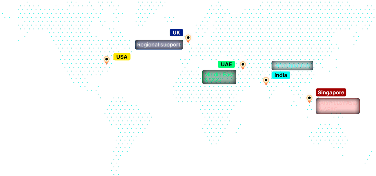 Global footprint map showing MintSkill locations across USA, UK, UAE, India, and Singapore